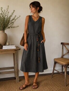 Vintage Tweeds Linen Blend Beaded Tie Midi Dress Brown Boho Minimalist Lined S